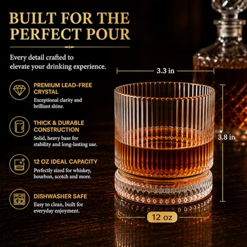 Vintage Whiskey Glasses Set of 4 12 oz Crystal with Luxury Gift Box - VUNDO