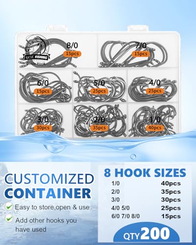 UCEC Saltwater Circle Hooks Assortment 200pcs - Fishing Hooks for Catfish & Saltwater Fish, Sizes 1/0-8/0