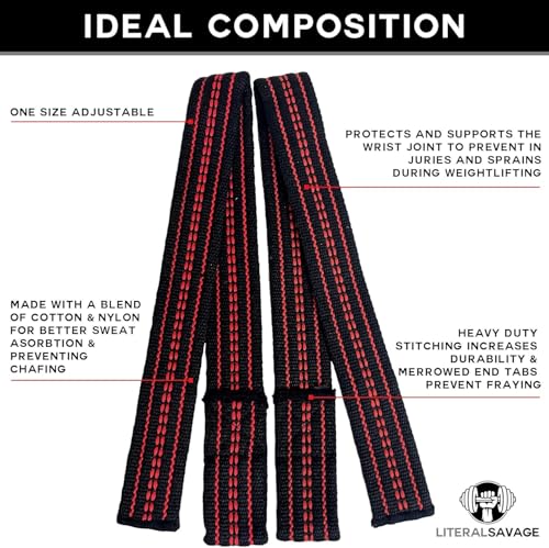 Powerlifting Straps - Heavy Duty Cotton Wrist Wraps Red with Grey Stripe