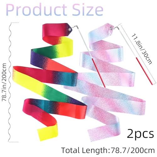 2 Pcs Sparkly Dance Ribbons - 78.7-inch Rhythmic Gymnastics Ribbon Wands