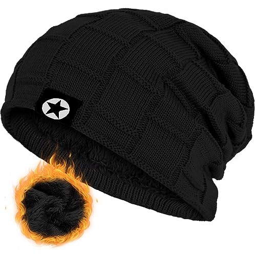 Winter Knit Slouchy Beanie Hat - Thick Soft Stretch Skully Cap - Black