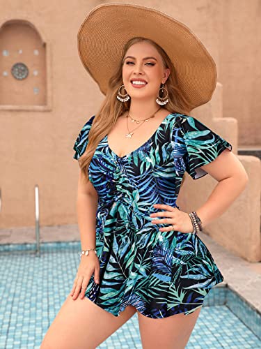 ECUPPER Women's Plus Size Green One-Piece Swimsuit with Sleeves Tummy Control Bathing Suit with Skirt and Built-in Shorts - Size 20-22