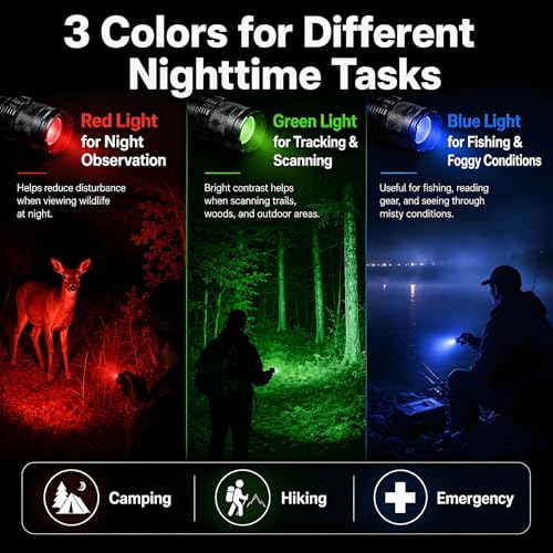 MVIOCS 3-Pack Mini LED Flashlights with Red, Green, Blue Lights, Zoomable, Portable Torch for Camping & Outdoor Use