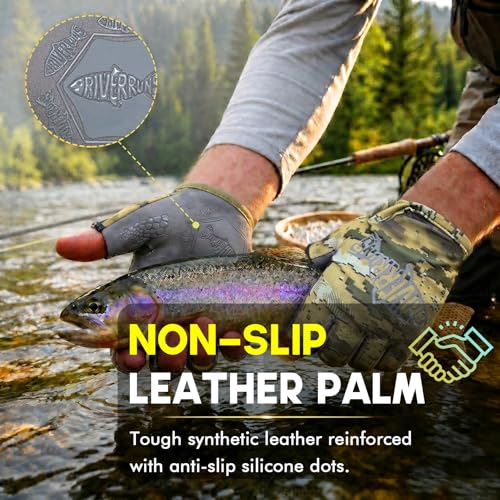 UPF 50+ Fingerless Fishing Gloves - Short Cuff Breathable - Small / CamoKhaki