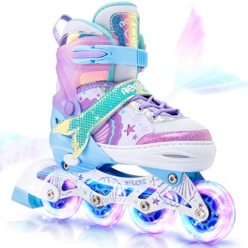NEMONE Girls Adjustable Light-Up Inline Skates - Mermaid & Butterfly, Small - Ocean Mermaid