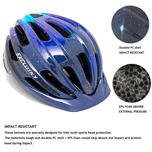 Exclusky Kids Bike Helmet with LED Light - Starry Sky, Adjustable Youth Cycling Safety Gear for Boys & Girls, 50-57cm, Ages 5-12