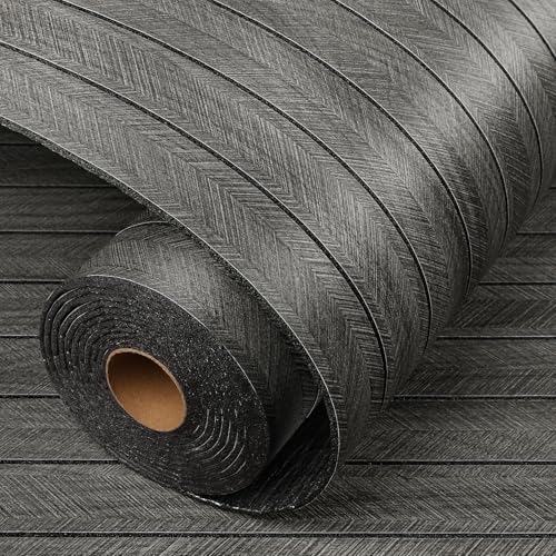 LaCheery Fluted Slat Wood Wall Panels Peel and Stick Black Gray Herringbone Wooden Panels for Interior Wall Decor 3d Flexible Self Adhesive Foam PVC Panel Roll Bedroom Bathroom Walls Covering 11.8x79"