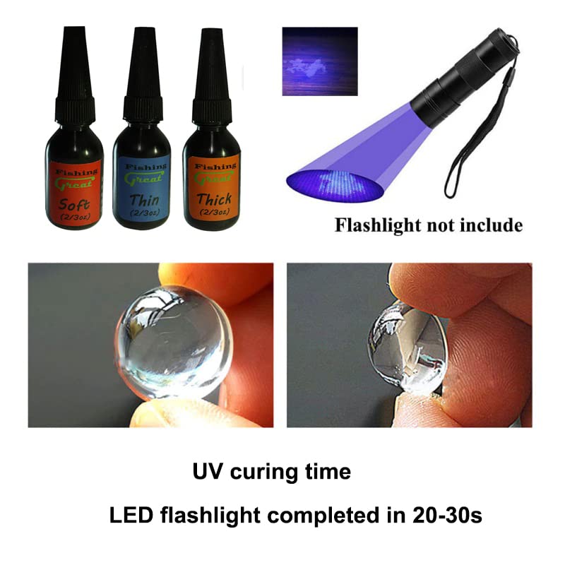 GREATFISHING UV Clear Fly Tying Glue Thin & Soft with 12 LED Light - Strong Builds & Coatings