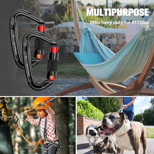 Heavy Duty Auto Locking Carabiner Clips - 28KN - Black & Red