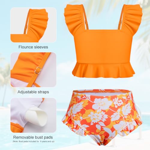 XiaoMoSha Girls 2-Piece Ruffled Bikini Set with Adjustable Straps - Toddler Beach Swimwear 6-7 Years, Orangeflowers