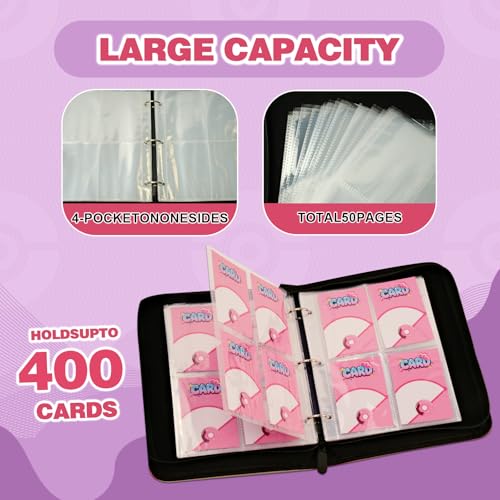Pink Card Binder for Girls - 4 Pocket Card Holder, Zipper, 400 Cards