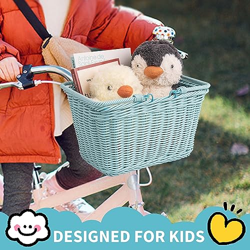 Kids Bike Basket - Light Blue Wicker Basket with Adjustable Straps