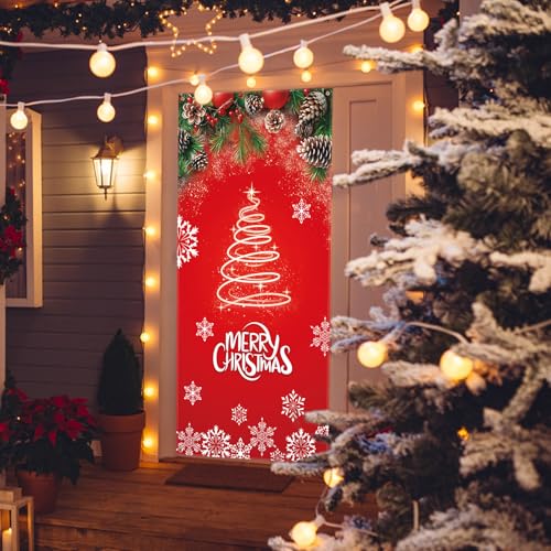 Merry Christmas Red Door Curtain, Holiday Privacy Backdrop Decoration