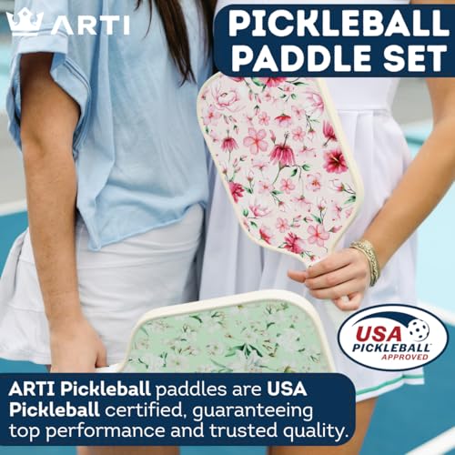 ARTI Pink & Green Pickleball Paddles Set with 2 Rackets, Balls & Carry Bag