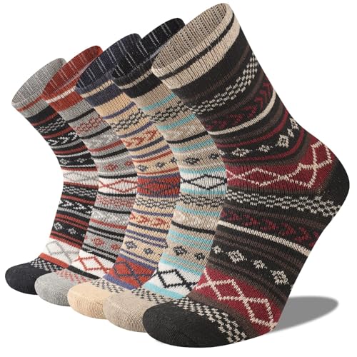 Heatuff Mens Warm Wool Socks 5 Pairs Multicolor Thermal Crew Pattern Socks Winter