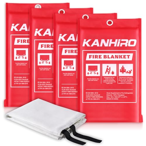 KANHIRO 4 Pack Emergency Fire Blankets 40x40 Inches, Red, Home & Kitchen Safety