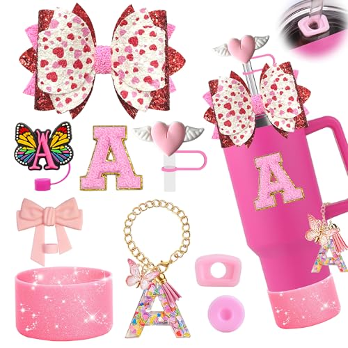 Hot Pink Tumbler Accessories Set with Bow Topper & Bling Boot - Initials A
