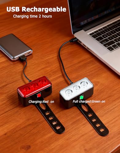 RUTVEING Rechargeable LED Bike Light Kit - 2 Front Headlights & 2 Rear Taillights, Waterproof, 5-7 Mode Cycling Safety Set