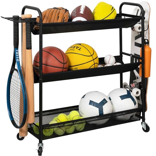 3-Tier Sports Ball Storage Rack with Wheels | Garage & Gym Organizer
