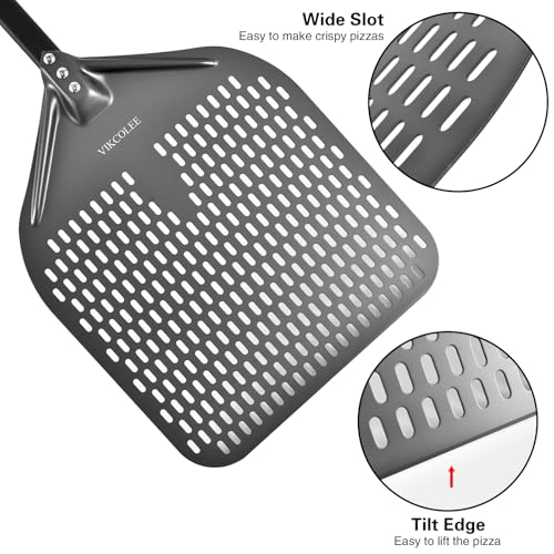 VIKCOLEE Perforated Pizza Peel 14 x 16 Inch Rectangular Baking Turnover Tool, 34 Inch Overall with Insulated Handle