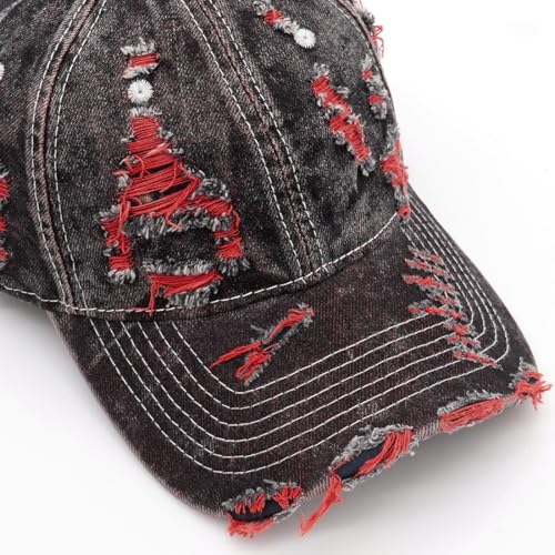 YeeHeen Red Distressed Washed Denim Baseball Cap - One Size Strapback