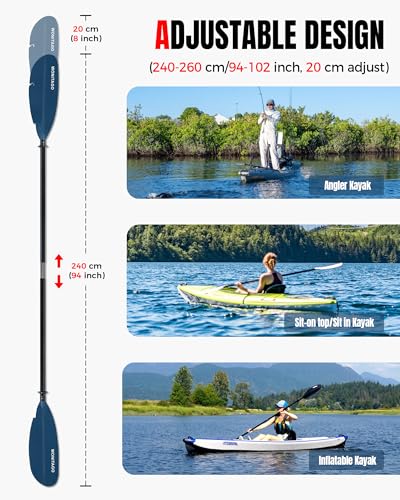 WONITAGO Adjustable Fiberglass Kayak Paddle 240-260cm Blue Lightweight Fishing Oar