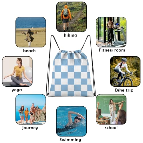 Waterproof Drawstring Backpack for Sports - Blue Checkered