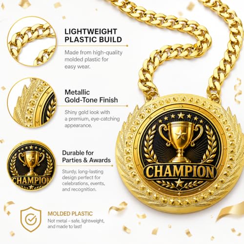 Oversized Champion Medal Necklace - 6" Gold-Tone Sports Award - Champion