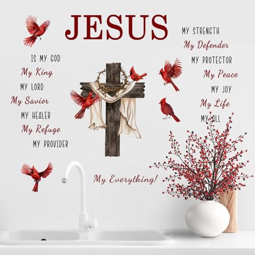 Yovkky Christian Cross Cardinal Memorial Wall Decals Stickers, Religious Red Birds Jesus is My God Home Bedroom Decor, Bible Verse Quotes Living Room Kitchen Decorations Art