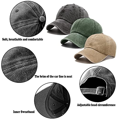 Vintage Washed Cotton Baseball Cap - Dark Green, Black & Khaki, Adjustable Dad Hat for Men & Women - Medium-Large