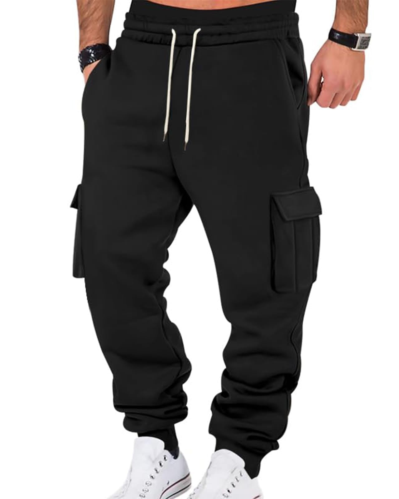 PIDOGYM Mens Fleece Cargo Sweatpants Heavyweight Tapered Joggers Athletic for Men Workout Running with Pockets Black