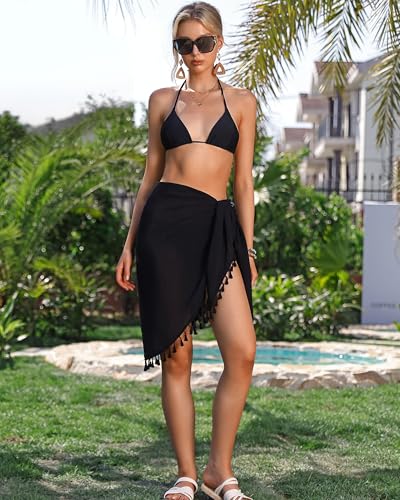 Beach Sarong Cover Up for Women - Black One Size with Tassels