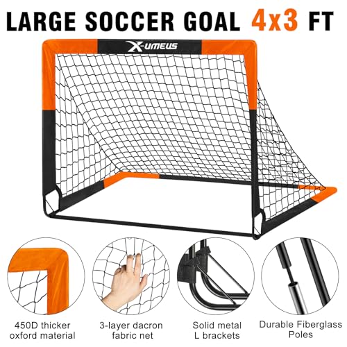 Kids Soccer Goals Set of 2 - 4' x 3' Pop Up Training Equipment - Orange & Black