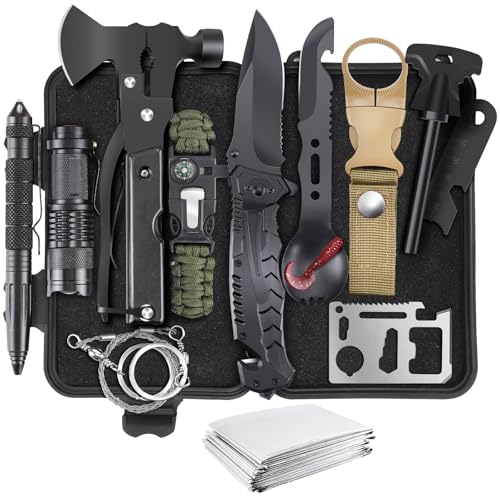 Survival Kit 219Pcs with 14-in-1 Tools, Axe, Lantern & Water Filter – Black (MLIPDC) - Father's Day Gift