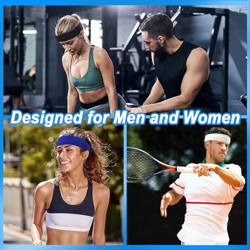 Sport Headbands for Men & Women - 4 Pack Black Cotton Sweatbands