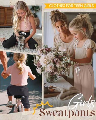 Girls Capri Joggers - 3 Pack Crop Pants, Black+Khaki+Dark Gray, 9-10 Years