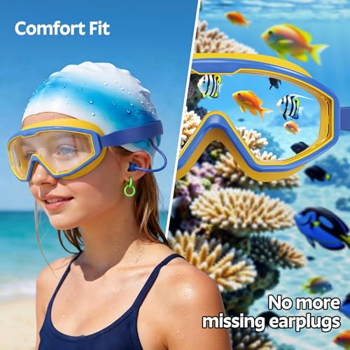 Kids Swim Goggles with Earplugs - Wide View, Anti-Fog, UV Protection - Blue Yellow
