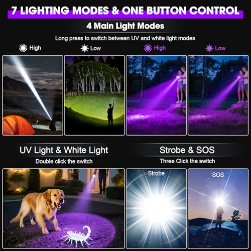 30W UV Flashlight with 365nm Black Light & White Light, 5000mAh Rechargeable
