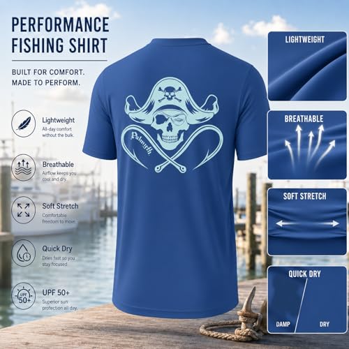 Palmyth Men’s Fishing Shirt Short Sleeve Sun UV 50+ UPF Navy Skull Pirate X-Large