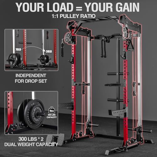 HR06 Power Cage with Aluminum Pulleys - Red, 2000LB Multi-Function Home Gym
