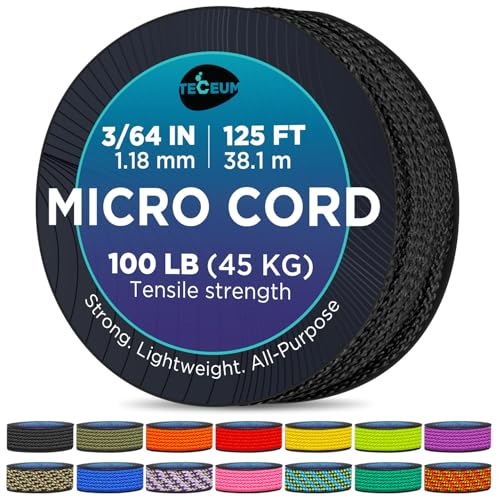Micro Paracord Rope 1.18 mm x 125 ft - Black Braided Cord for DIY