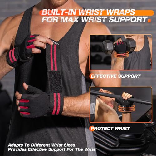 Red Large SIMARI Workout Gym Gloves with Wrist Support & Palm Grip for Men Women