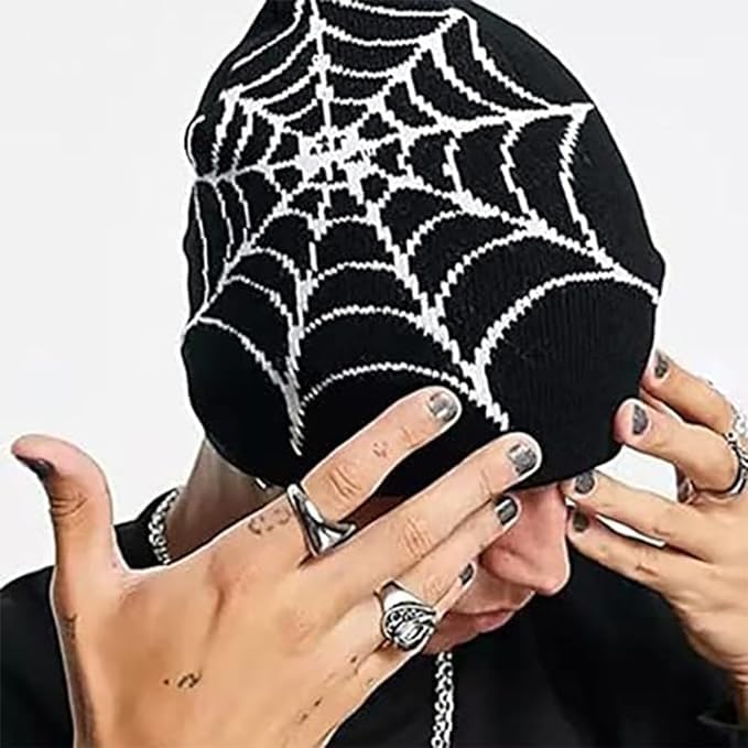 Gothic Spider Pattern Knitted Beanie Hat - Black
