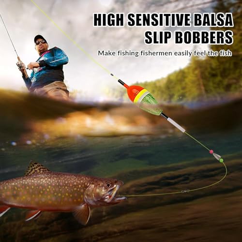 THKFISH Red/Green Mixed 6PCS Slip Bobbers - Balsa Wood Fishing Floats for Crappie Bluegill Trout