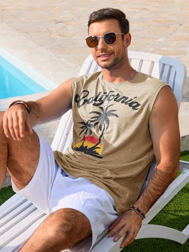 Casual Men's Tank Top - Palm Tree Graphic Print - Apricot, Medium
