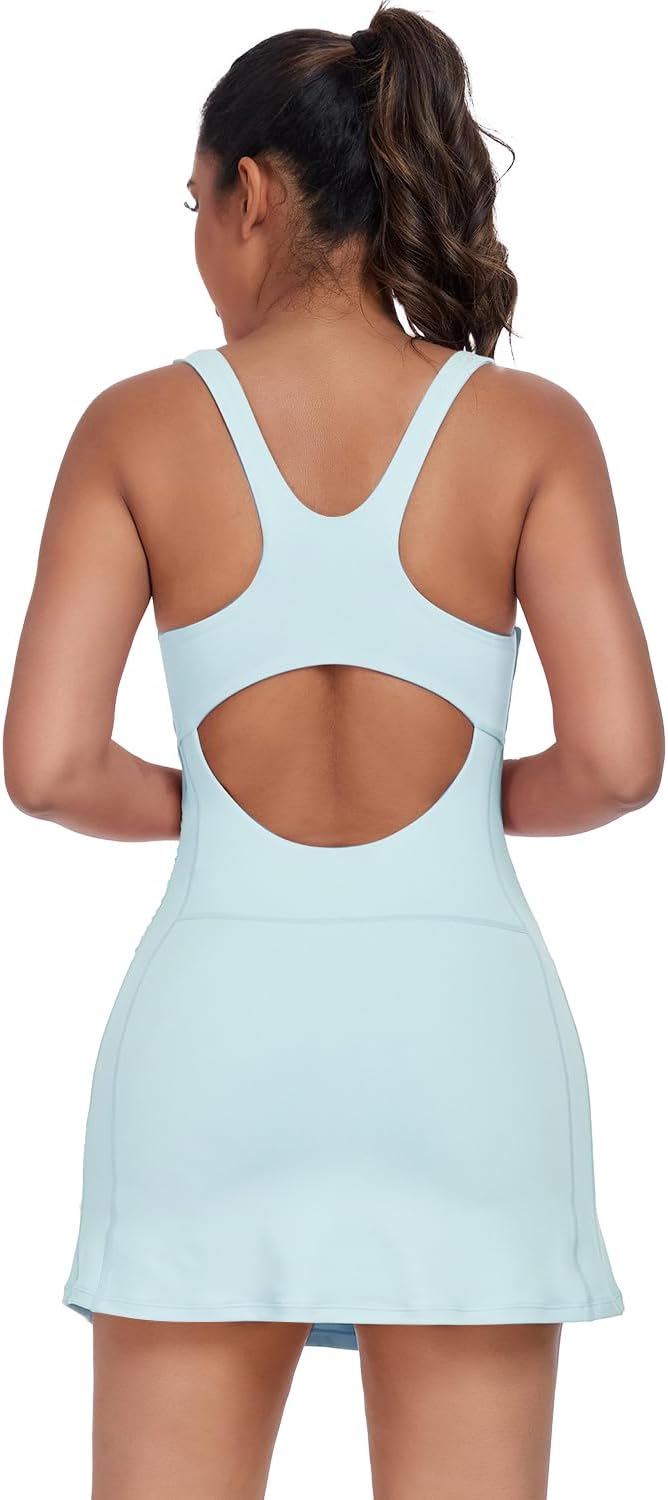 Skiennix Women's Tennis Dress - Built-In Shorts & Bra | Athletic Mini Dress in Square Neck Design