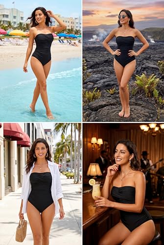 Smismivo Tummy Control Swimwear One-Piece - Black, Large, Strapless Ruched Bandeau