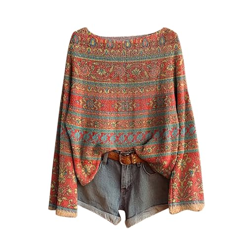 Boho Vintage Long Sleeve Knit Top for Women - Orange-C, 3X-Large