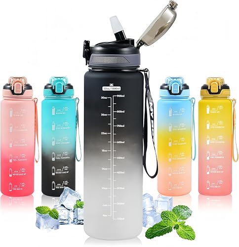 32 oz Water Bottle with Straw - Black White, Leakproof & BPA-Free
