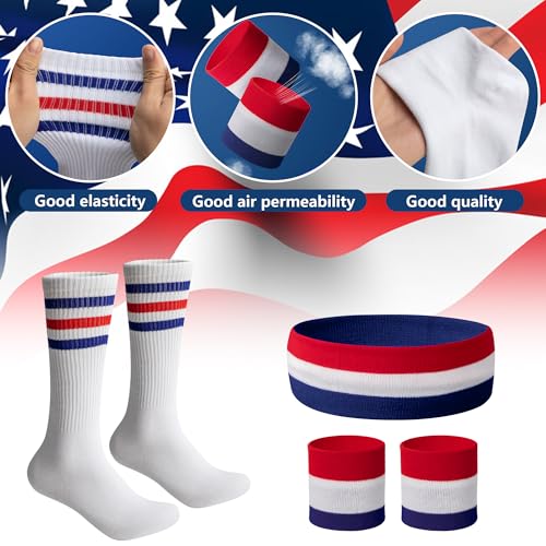 2/4 Sets American Flag Sports Headband & Wristband with Socks - Patriotic Athletic Gear